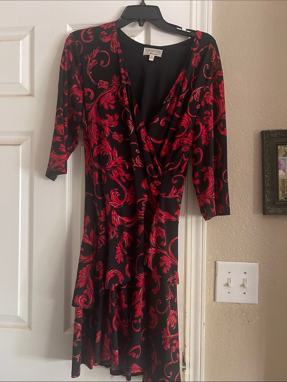 Signature by Robbie Bee Black Dress with Red Floral Scrolls